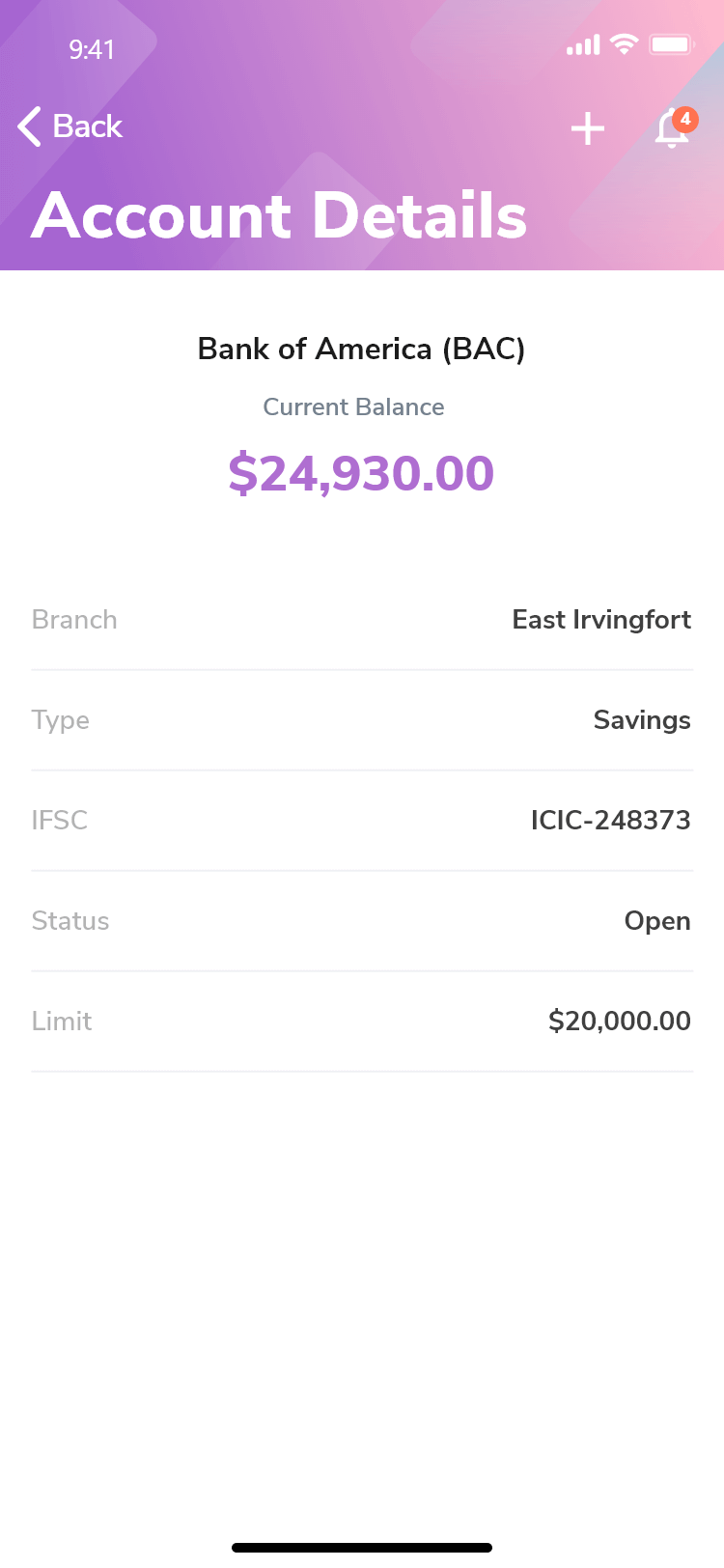 Bank Account Overview Screen